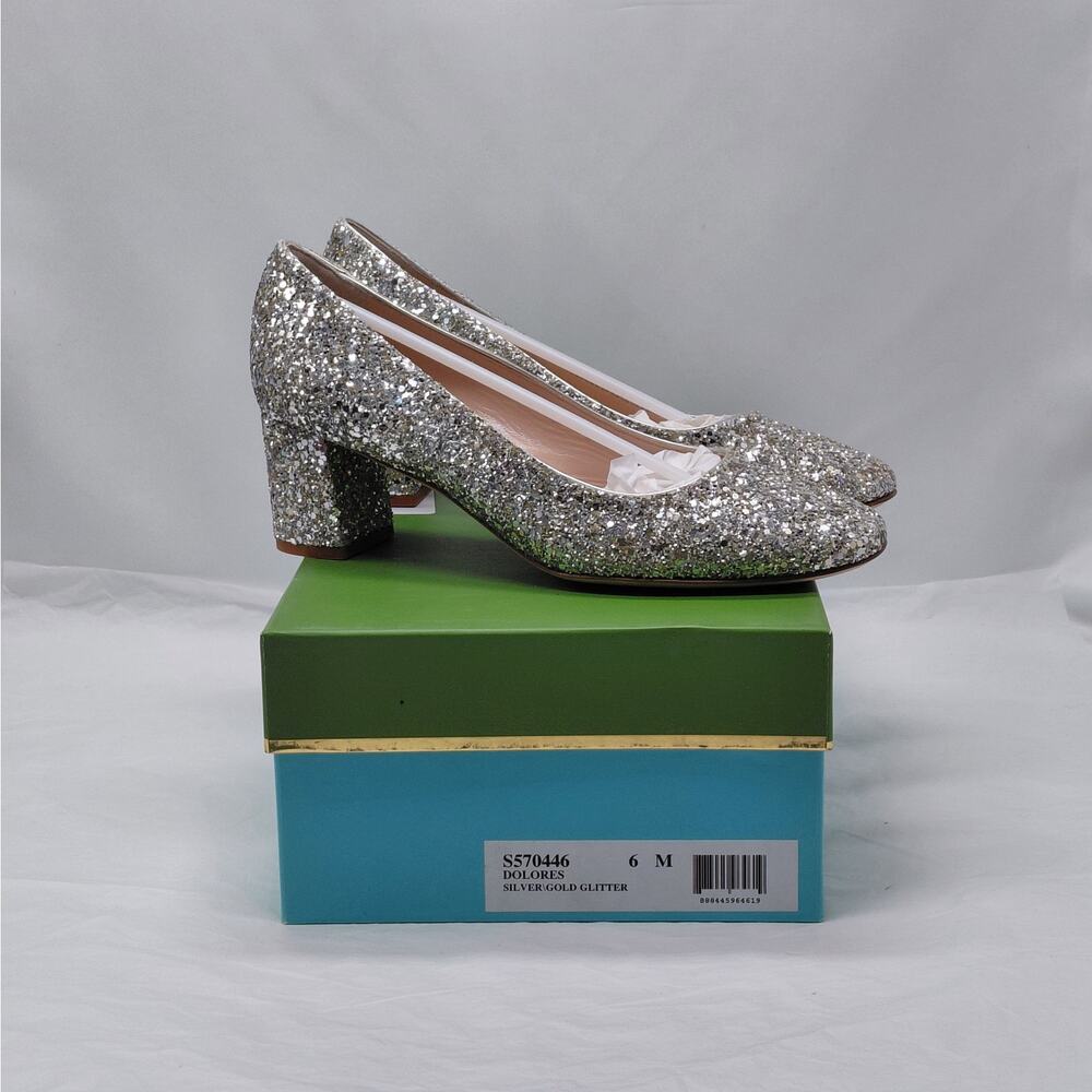 Kate Spade Womens Pumps Size 6 Silver Gold Glitter Block Heel Wedding Party